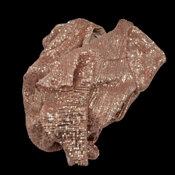 Girls Rose Gold Sequin Dress With Ruffle Detail & Short Sleeves Girls Size 10 - Picture 5 of 16